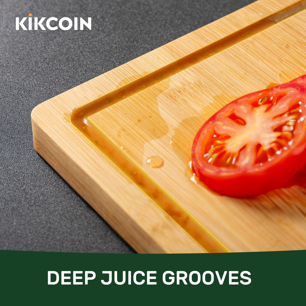 Kikcoin bamboo cutting board deep juice groove catches drips and reduces mess.