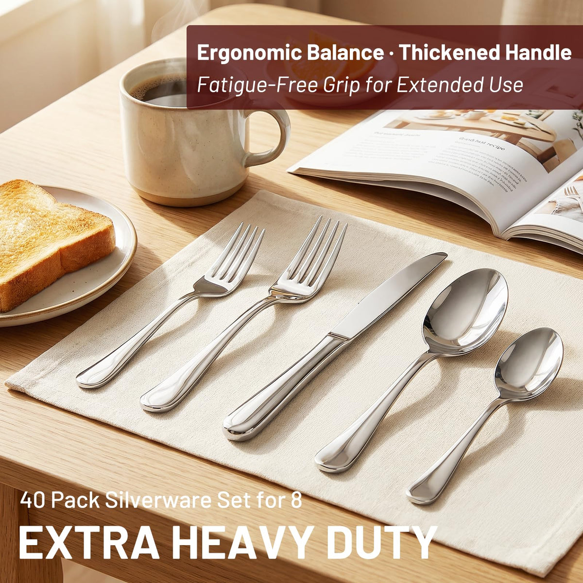 Kikcoin dinner knives, forks, and spoons offering balanced weight for comfortable dining.