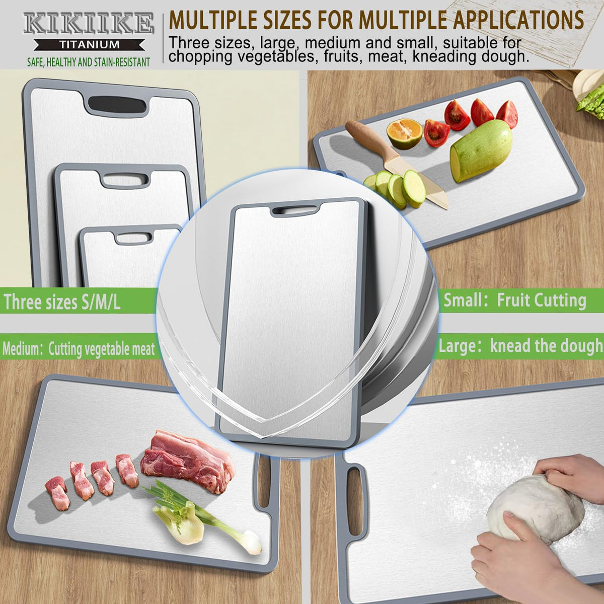 KIKIIKE three-size titanium board set supports chopping, rolling dough, and more.