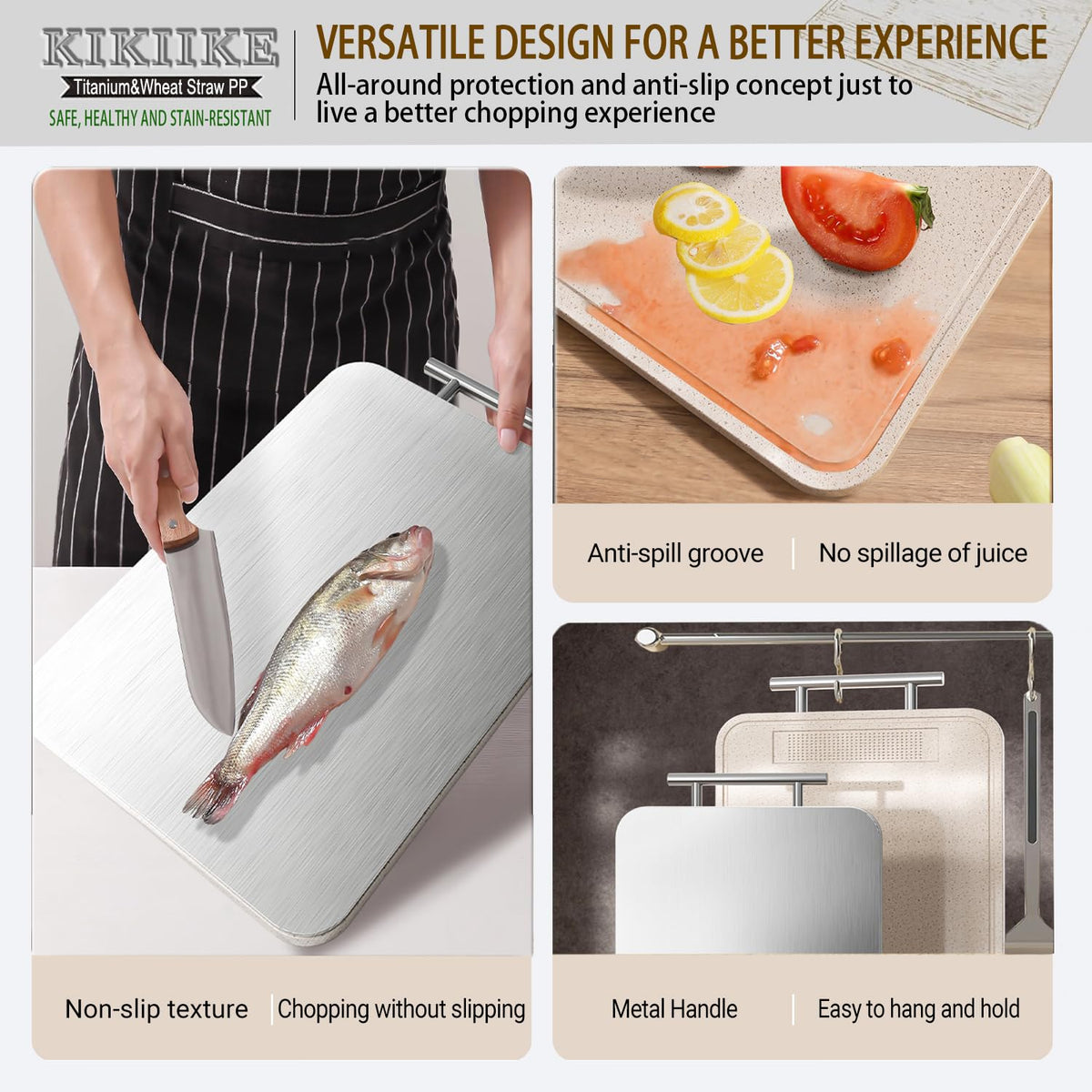 KIKIIKE juice groove feature catches liquids during chopping.