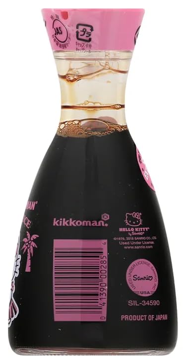Close-up of Kikkoman Hello Kitty pink cap on the dispenser
