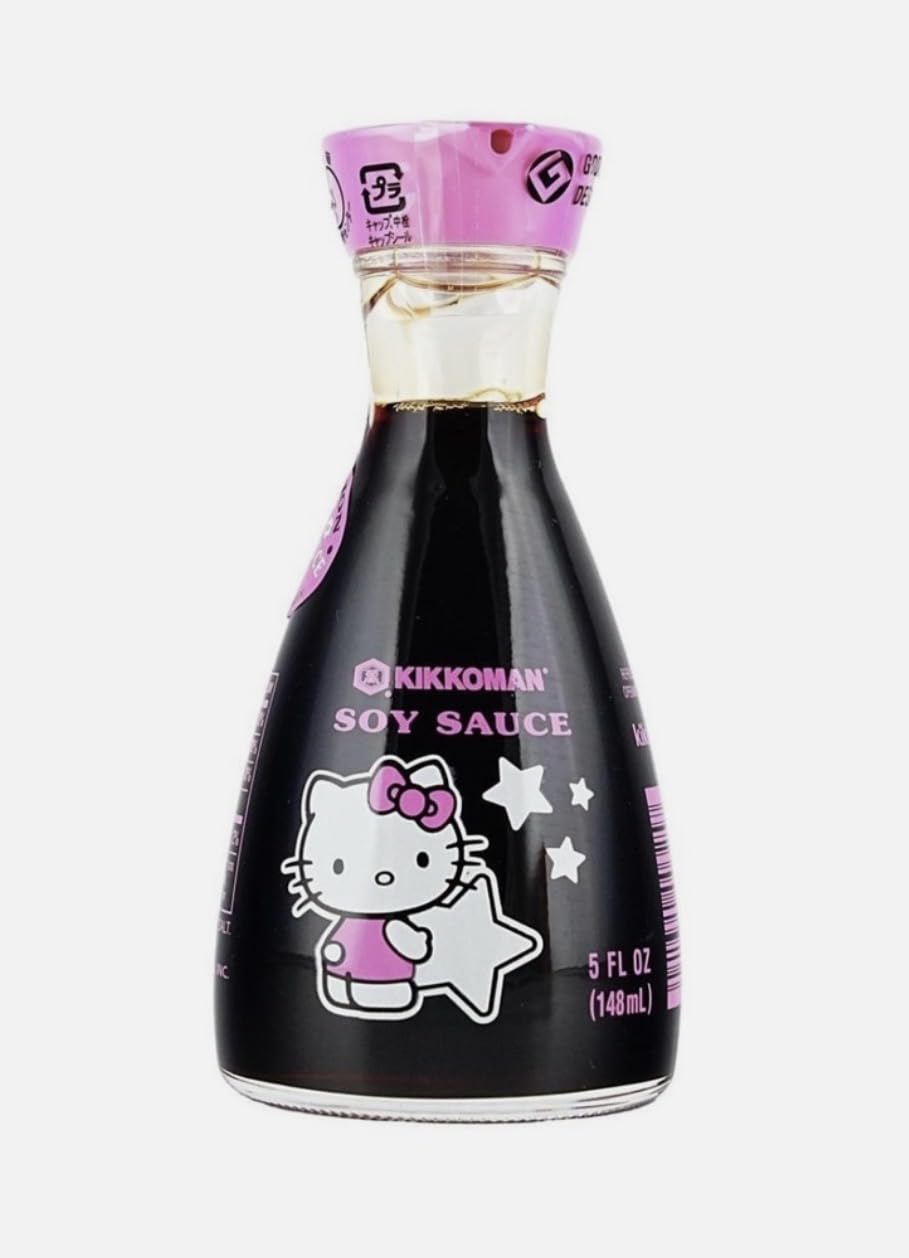 Kikkoman Hello Kitty 2025 soy sauce dispenser bottle on table for precise pouring