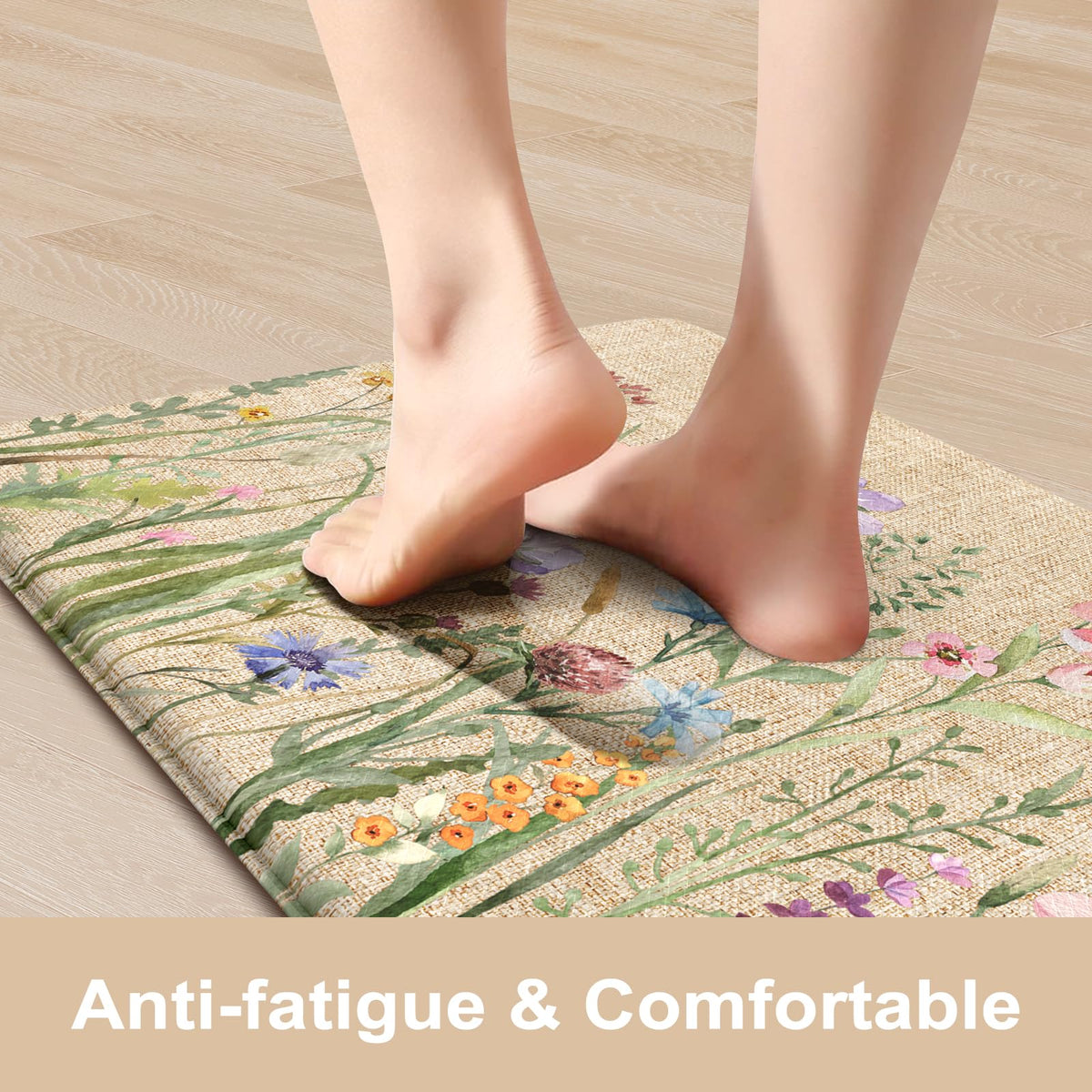 Kimode large brown floral kitchen mat in use for cooking and prep.