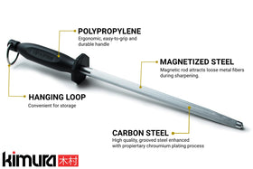 Kimura honing steel with ergonomic handle for steady, precise honing.