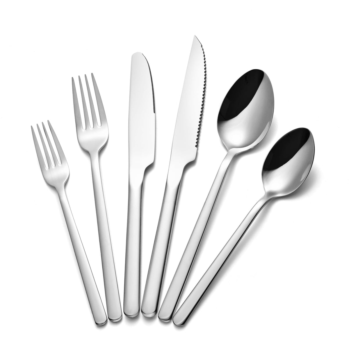 Kingstone 24-piece silverware set with steak knives, sleek mirror finish elevates any table setting.