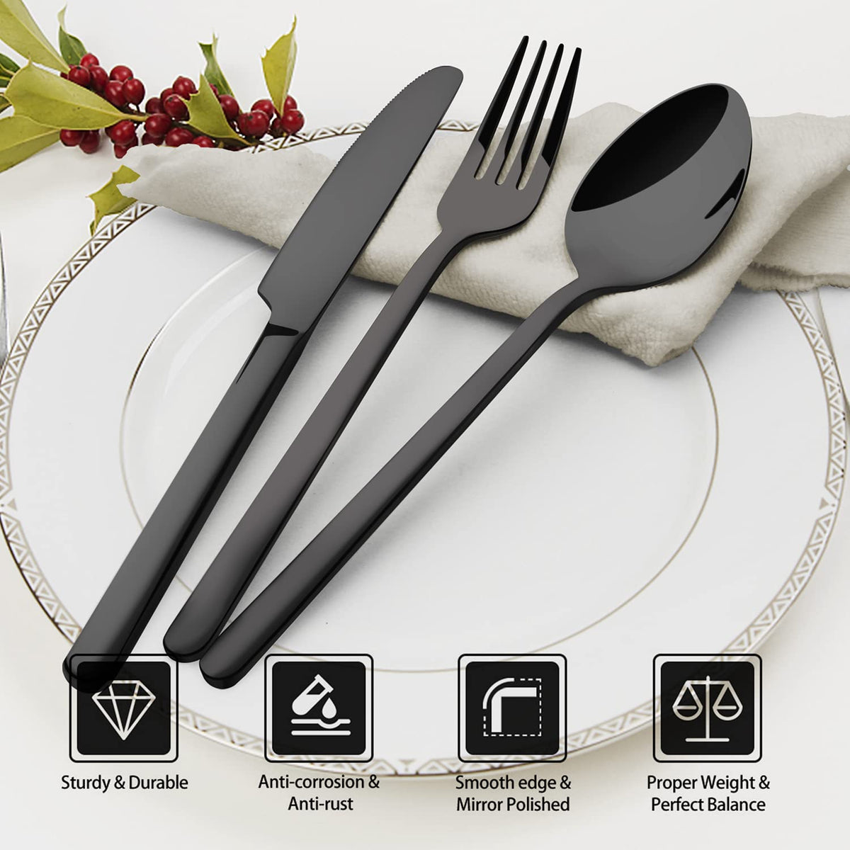 KINGSTONE black silverware set dinner forks highlight balanced grip and sleek look.