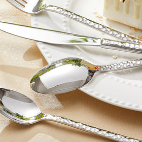 Kingstone hammered-design flatware showcases textured surface and confident grip.