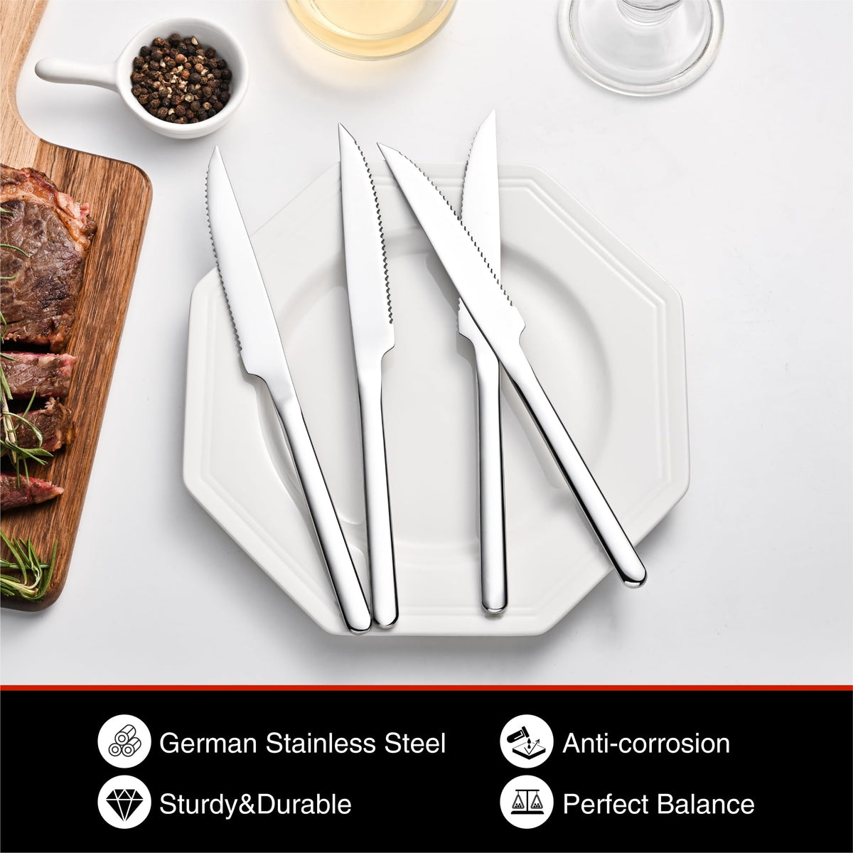 KINGSTONE mirror-polished blades shine, enhancing table aesthetics and easy cleaning