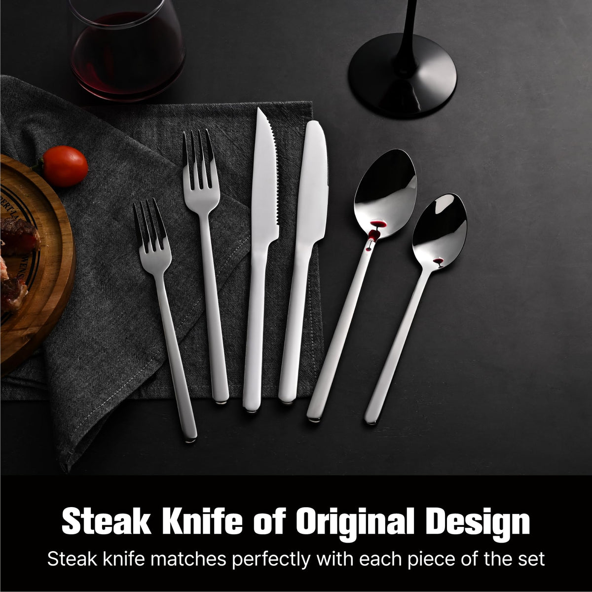 Kingstone steak knives close-up highlighting sharp serrations for easy meat carving