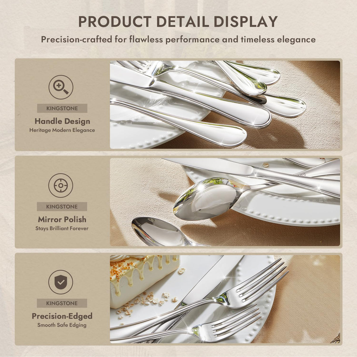 Kingstone teardrop dinner knives close-up showcases clean, precise edges.