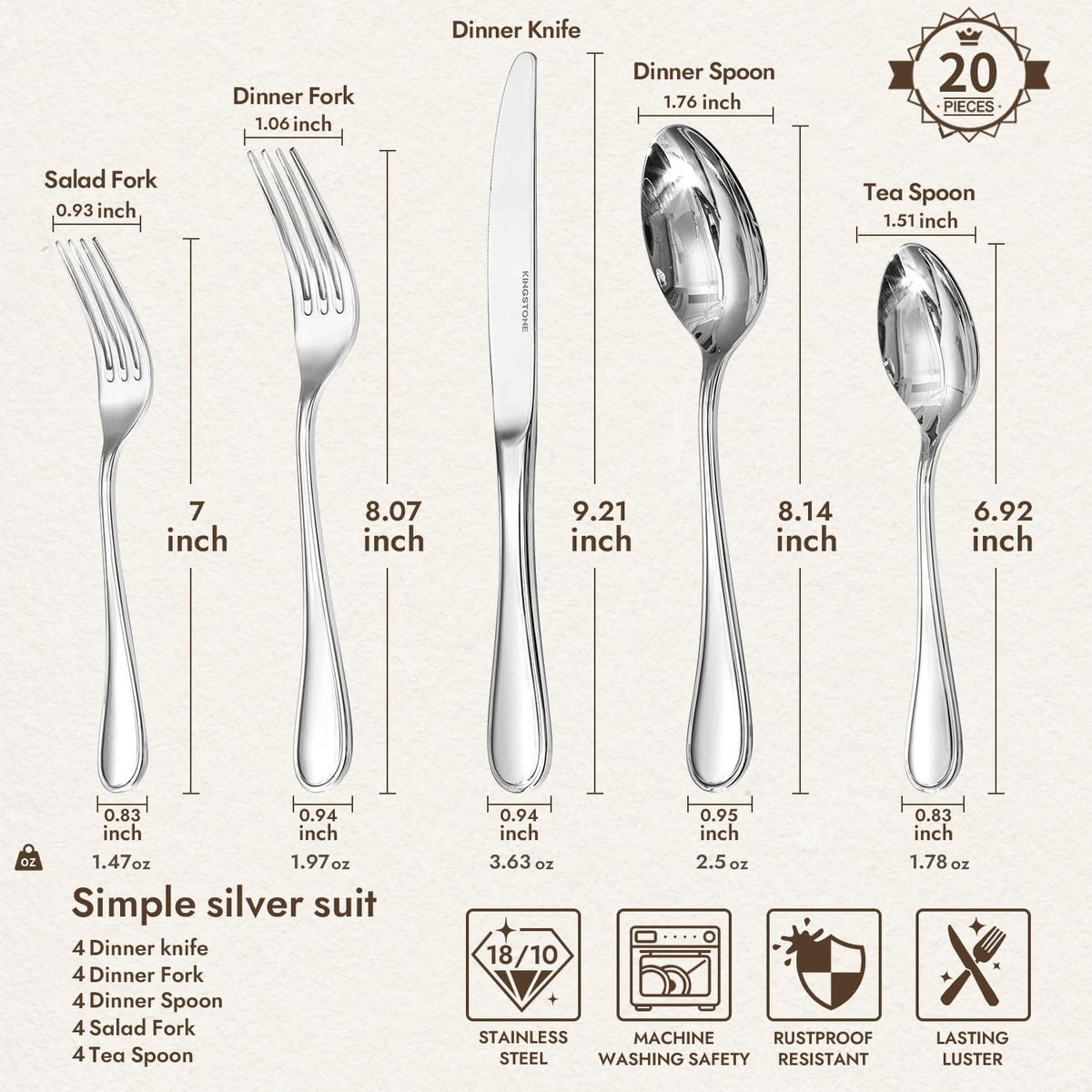 Kingstone teardrop silverware set arranged for four demonstrates generous piece sizes.