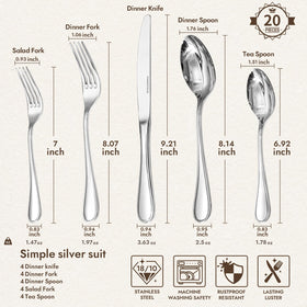 Kingstone teardrop silverware set arranged for four demonstrates generous piece sizes.