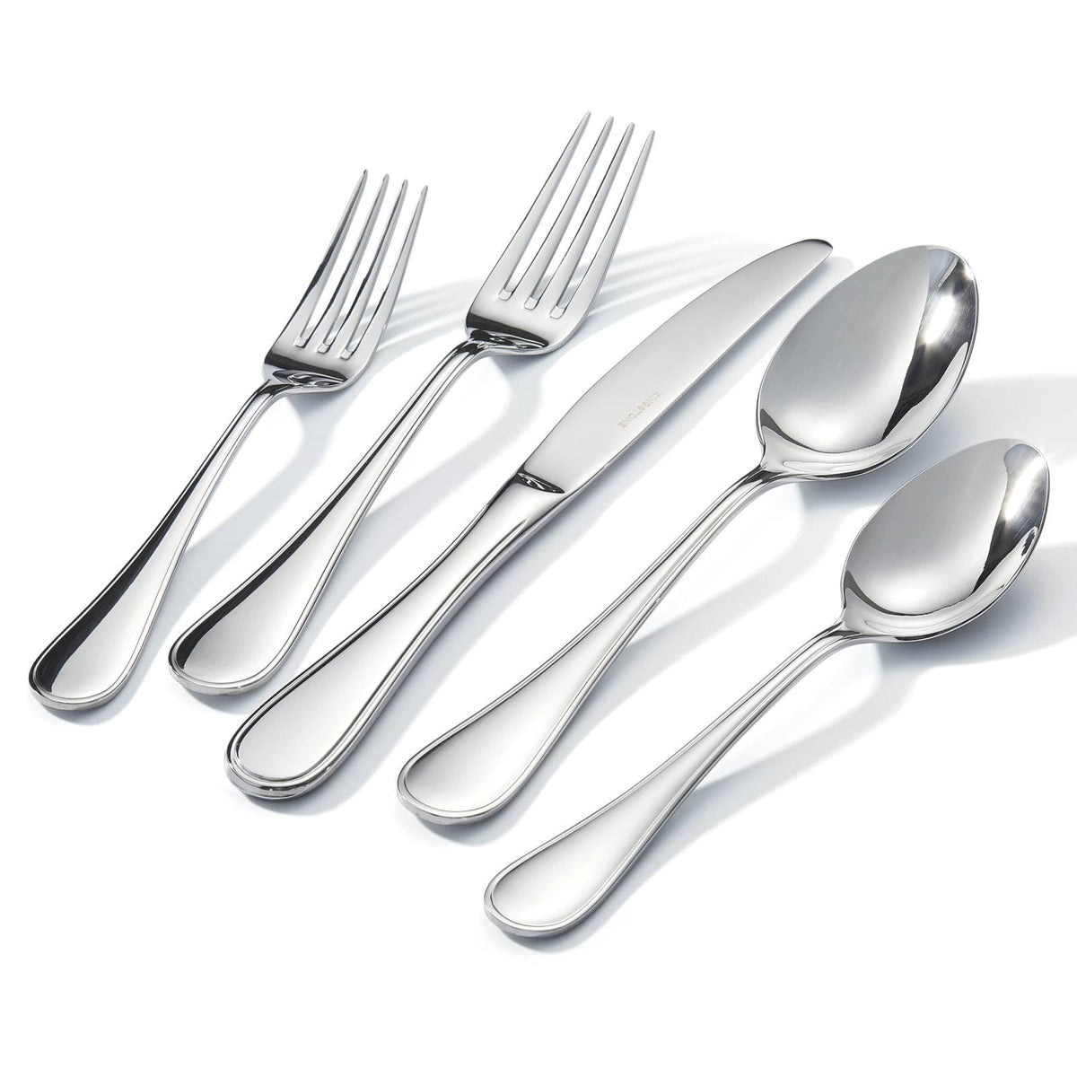 Kingstone teardrop silverware set for 12 with a mirror finish and durable 18/10 steel.