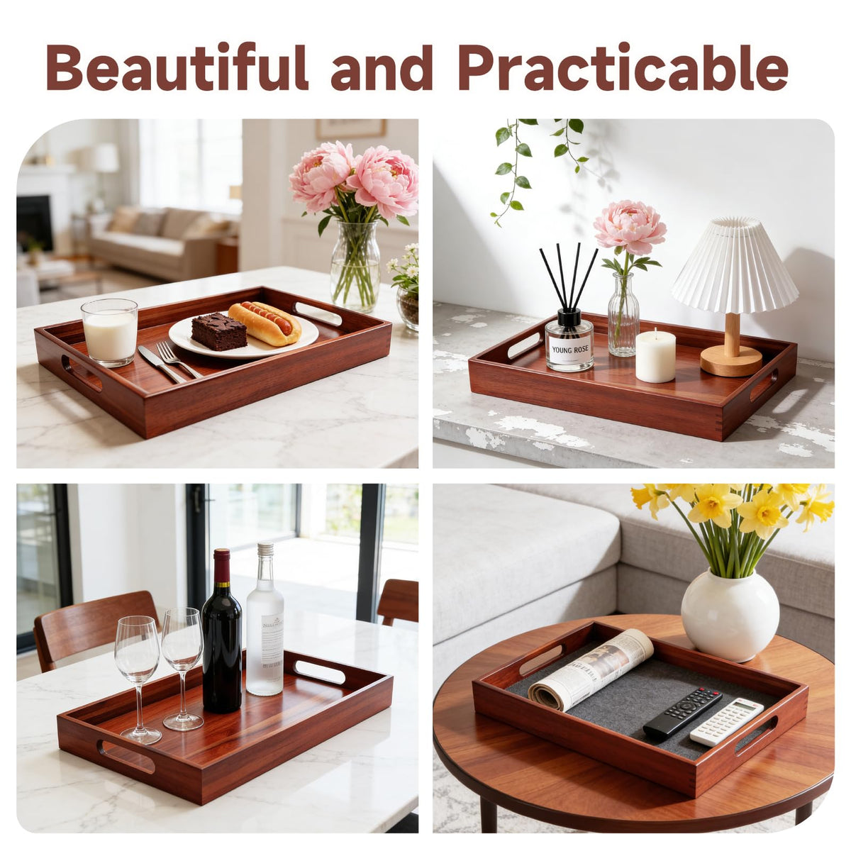 KISENG tray on coffee table serving drinks and snacks.