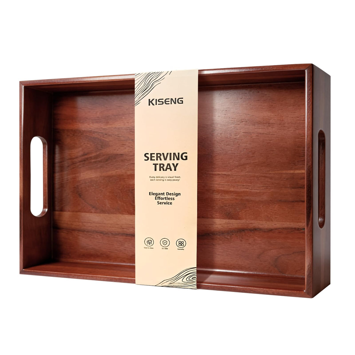 KISENG acacia wood serving tray with handles, easy to carry meals.