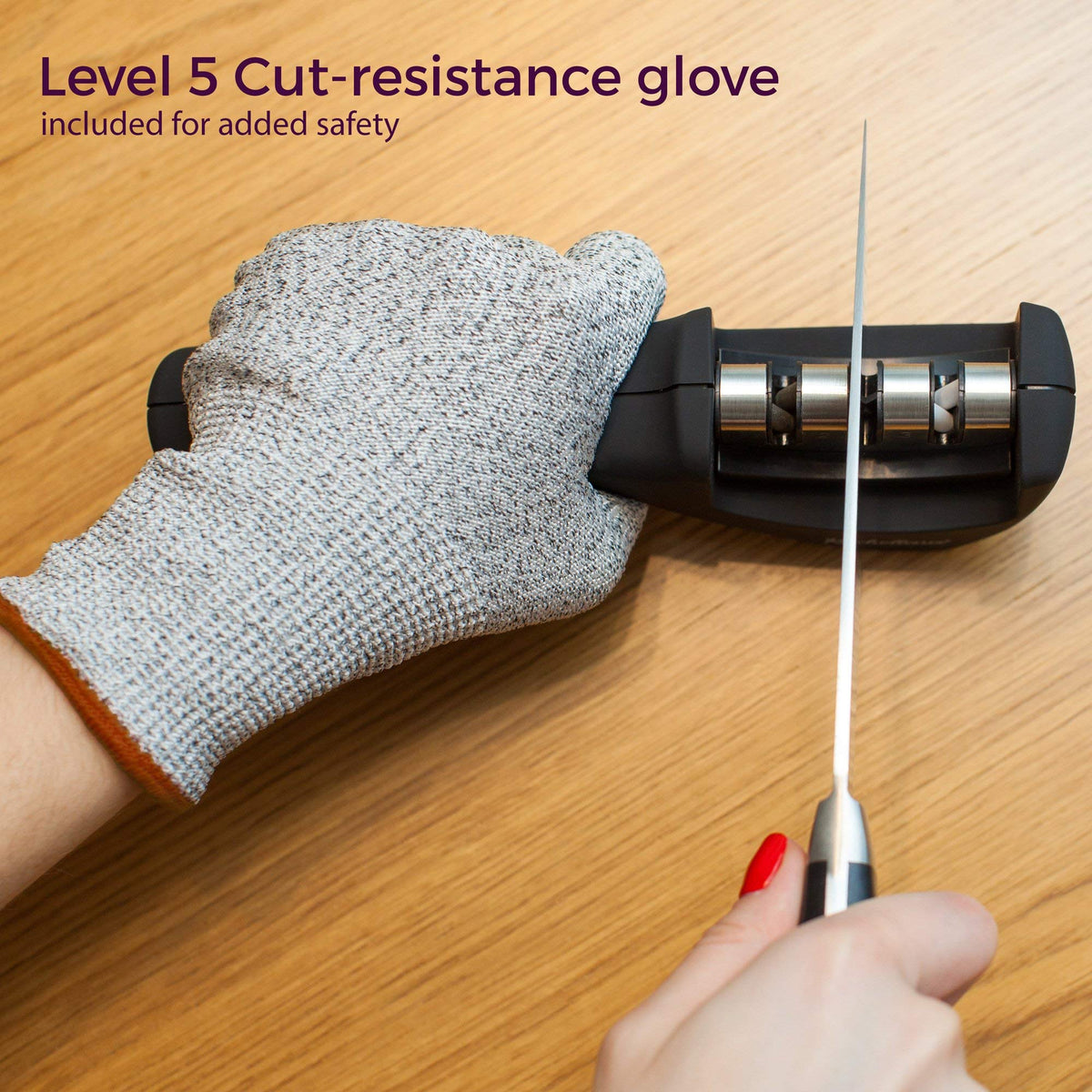 Kitchellence cut-resistant glove enhances safety during sharpening.