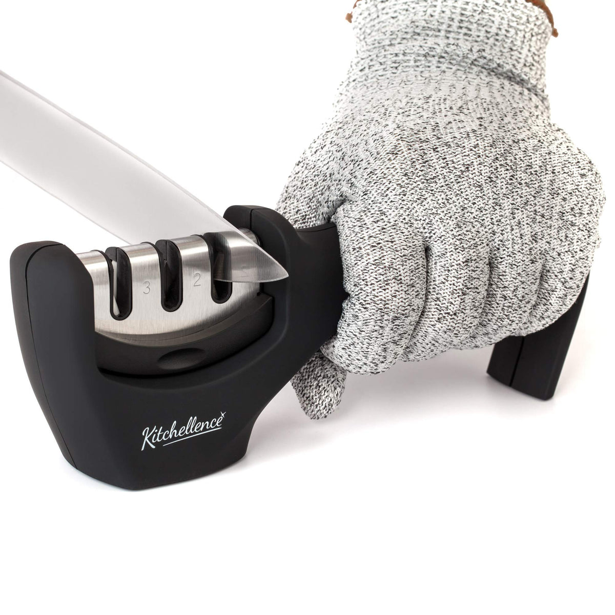 Kitchellence 4-in-1 knife sharpener with diamond rod repairs dull blades.