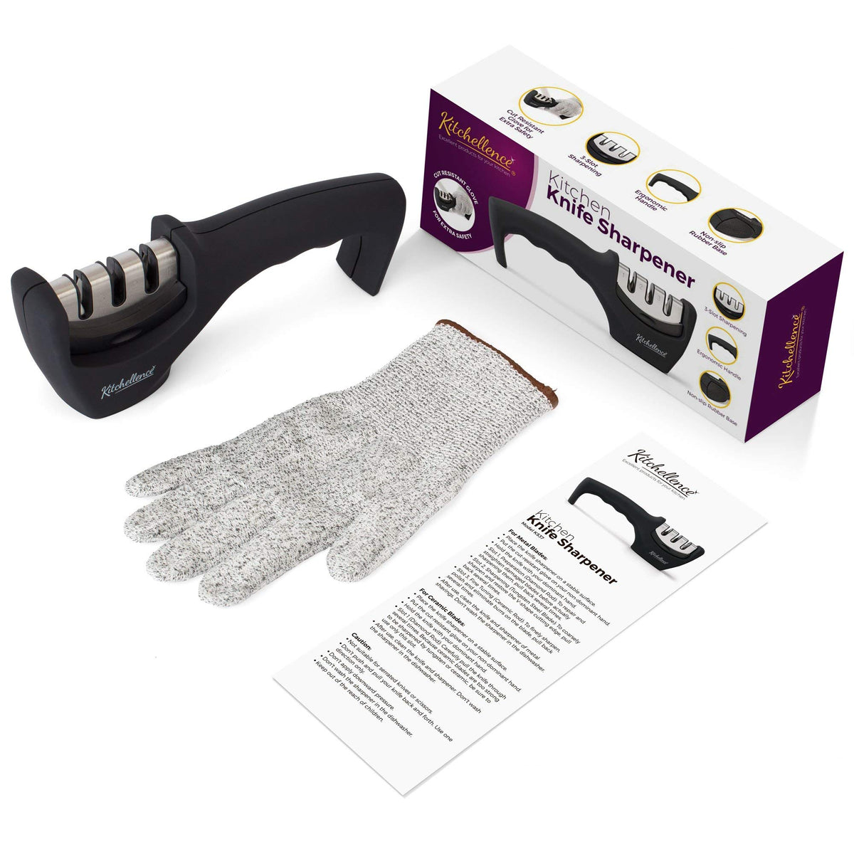 Kitchellence 4-in-1 knife sharpener slot 3 polishes to a clean edge.