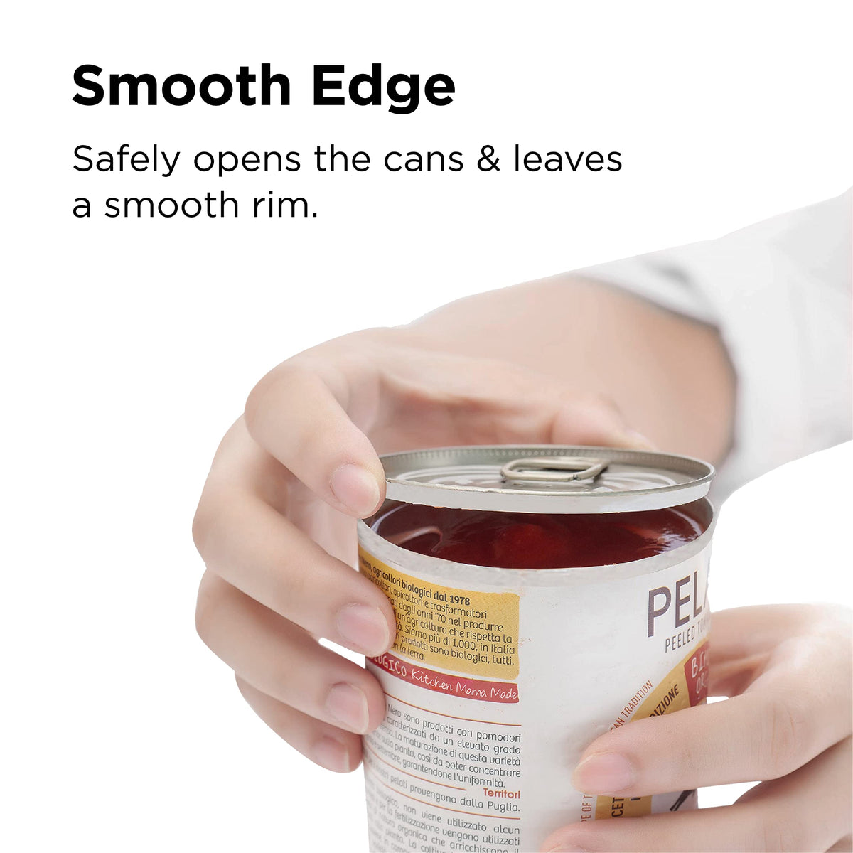 Its underside lid remover tackles sticky cans without touching food.