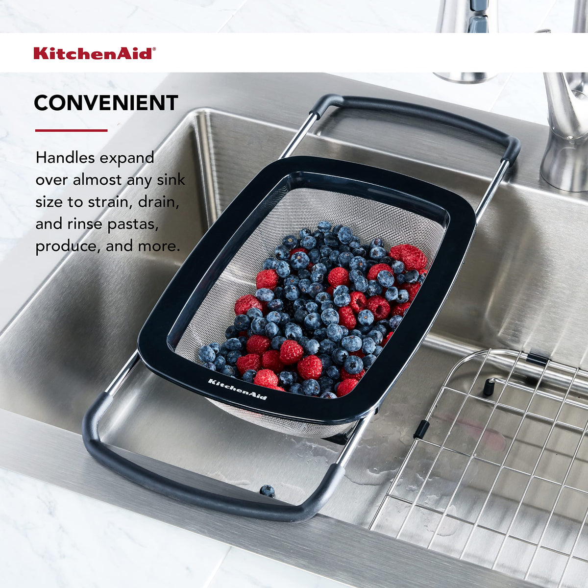 KitchenAid colander over sink drains pasta and produce efficiently
