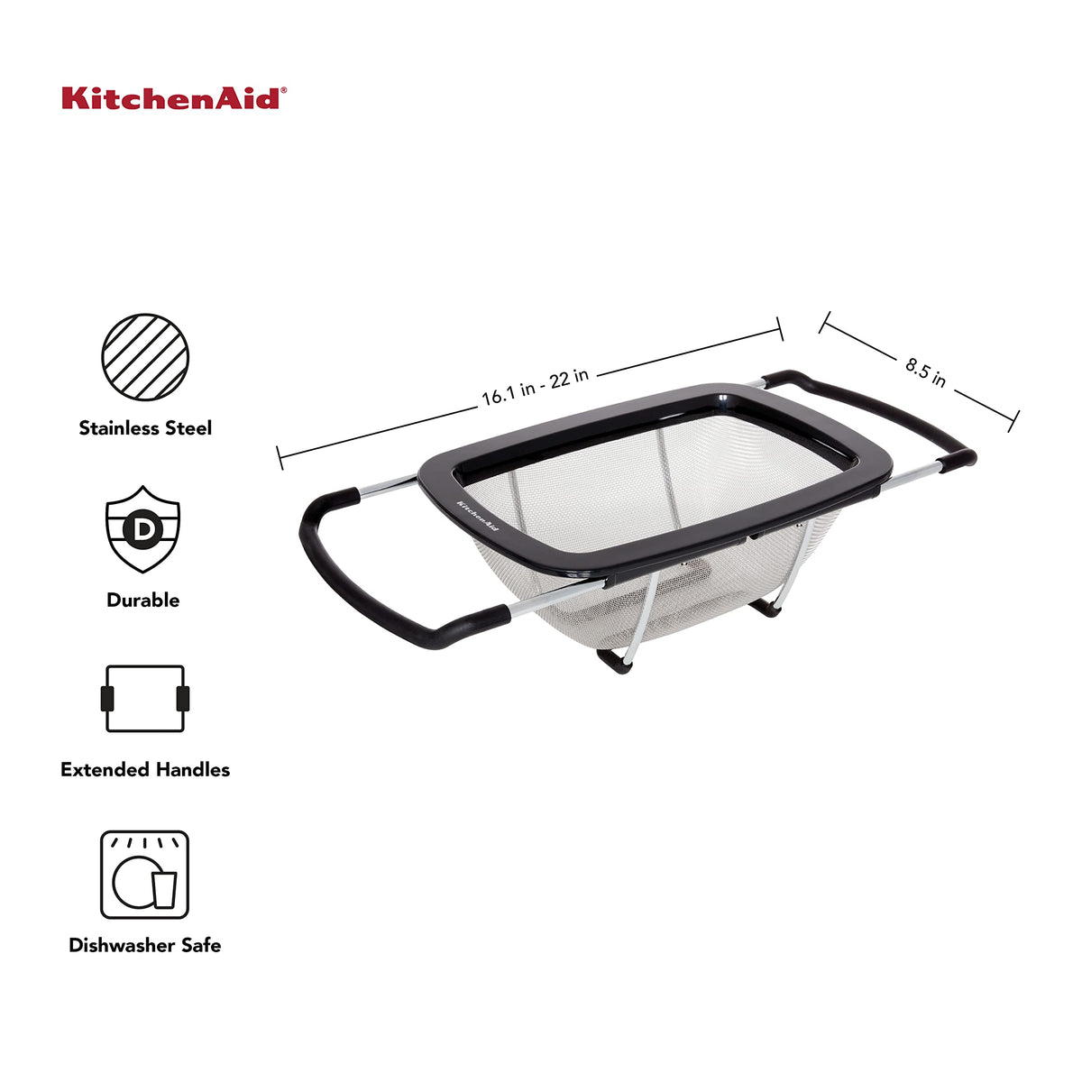 KitchenAid stainless steel colander with non-slip feet sits securely on the counter