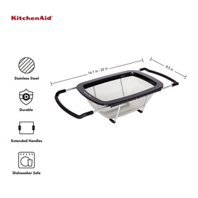 KitchenAid stainless steel colander with non-slip feet sits securely on the counter