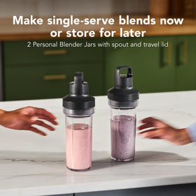 Two personal blending jars and travel lids for on the go smoothies