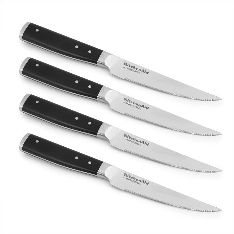 KitchenAid steak knife shown as top-rack dishwasher safe for quick cleanup.