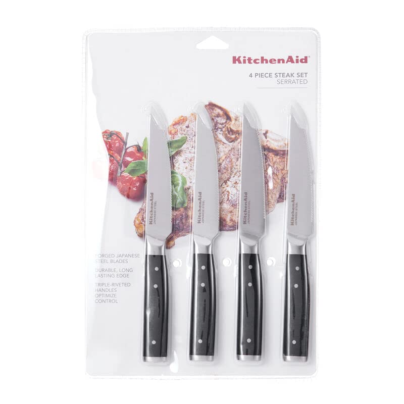 KitchenAid steak knife highlighting high-carbon blade for lasting sharpness.
