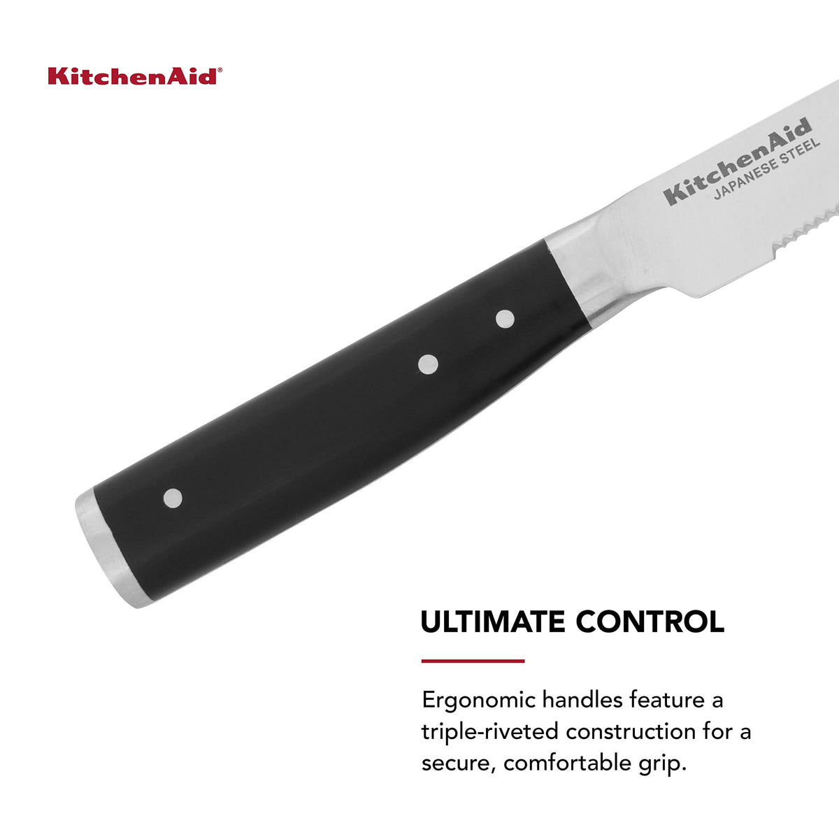 KitchenAid steak knife showing triple rivets for secure grip.