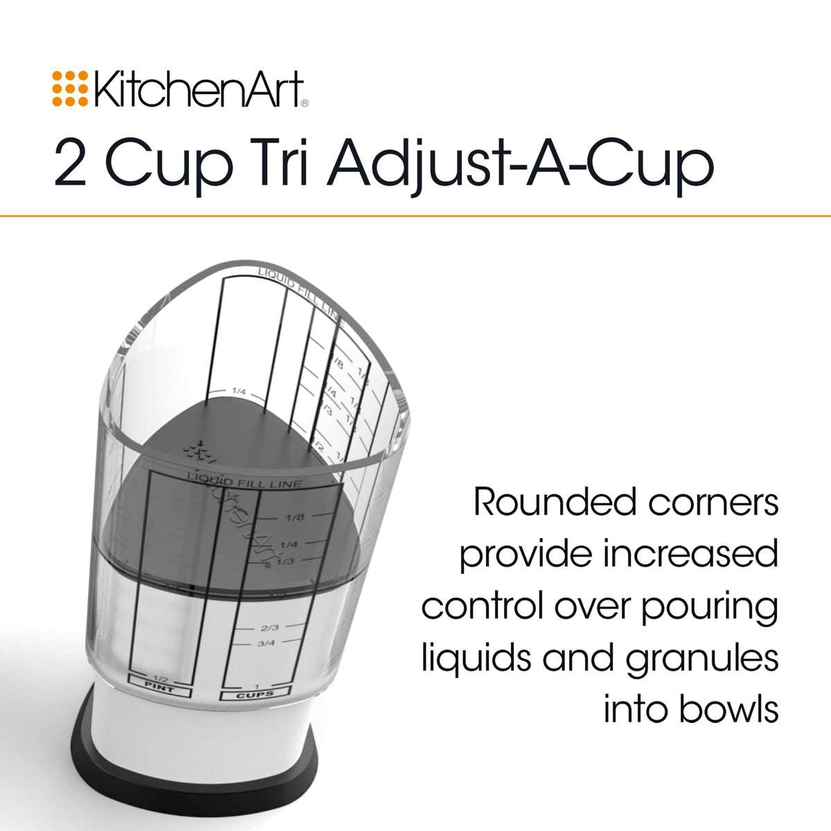 KitchenArt Tri Adjust-A-Cup showing adjustable measurement dials for dry and semi-solid ingredients.