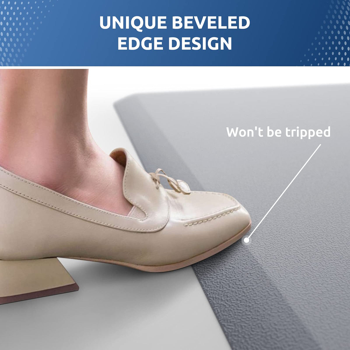 KitchenClouds mat bevel edge design reduces tripping risk while working.