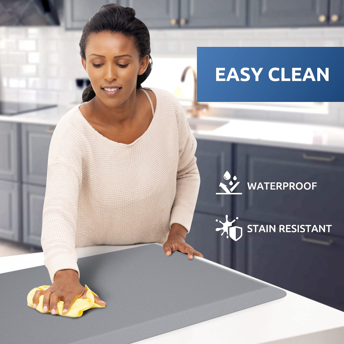 KitchenClouds water-resistant surface is easy to wipe clean after spills.