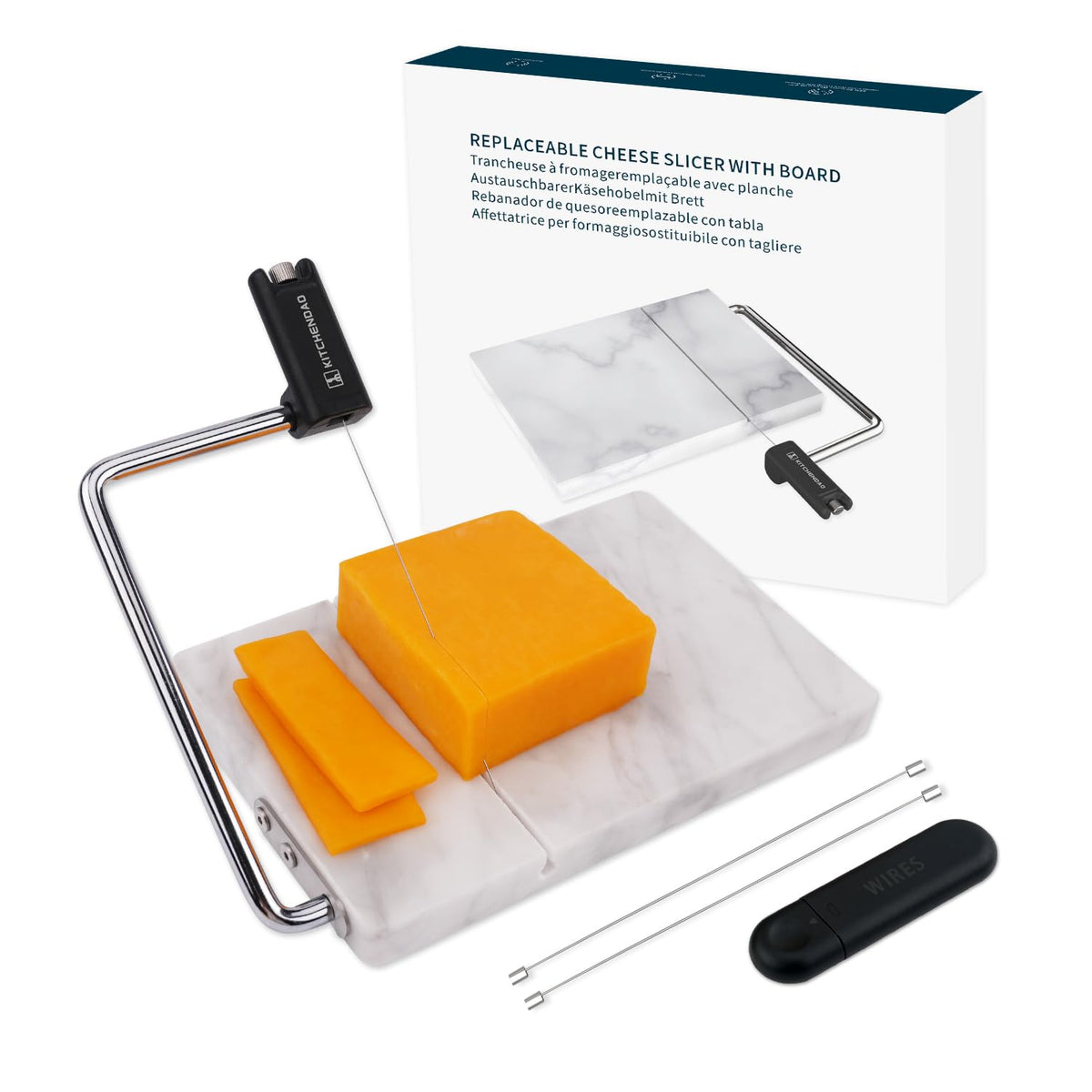 KITCHENDAO replaceable-wire cheese slicer with board showing sturdy construction for consistent slices