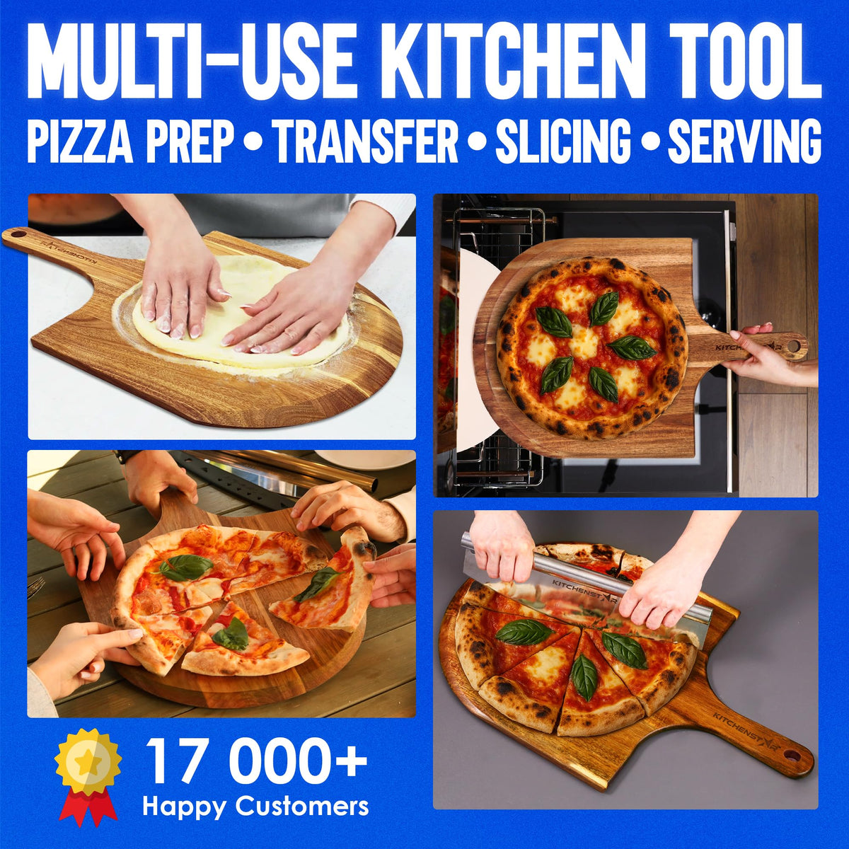 KitchenStar acacia wood multi use board for pizza bread and charcuterie.