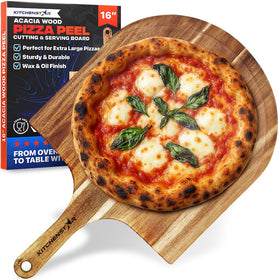 KitchenStar acacia wood pizza peel 16 inch ready for easy oven transfer.