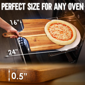 KitchenStar acacia wood pizza peel with beveled edge for smooth pizza slides.