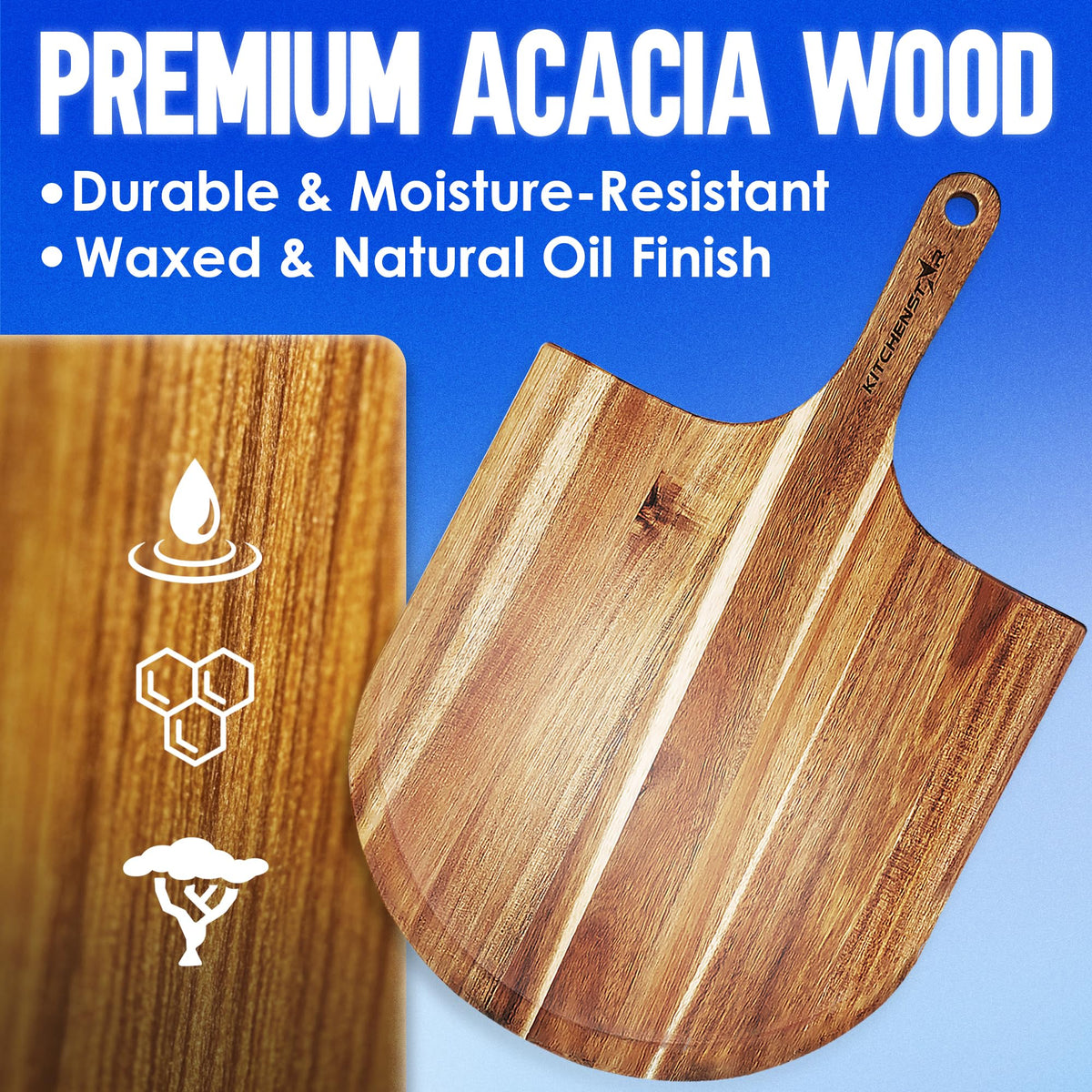 KitchenStar acacia wood pizza peel with hanging loop keeps storage tidy.