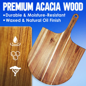 KitchenStar acacia wood pizza peel with hanging loop keeps storage tidy.