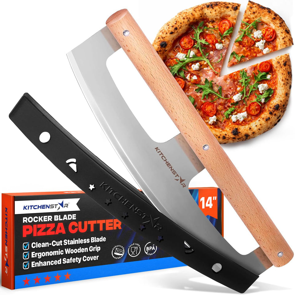 KitchenStar pizza cutter rocker blade close-up for precise pizza slices