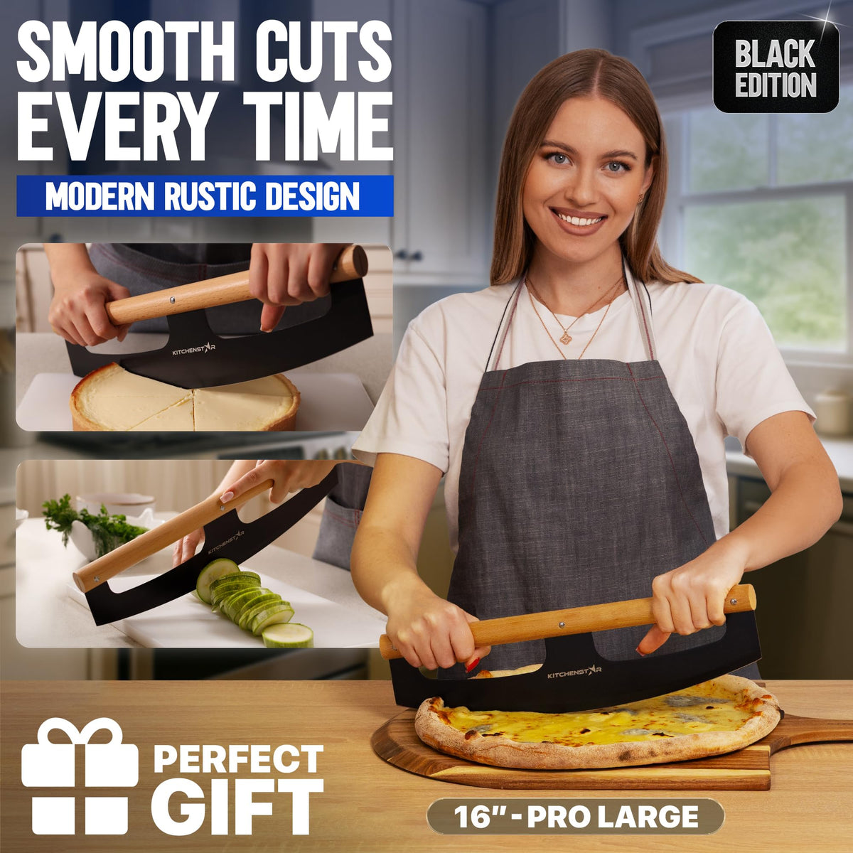 KitchenStar razor-sharp stainless steel blade for smooth pizza slicing