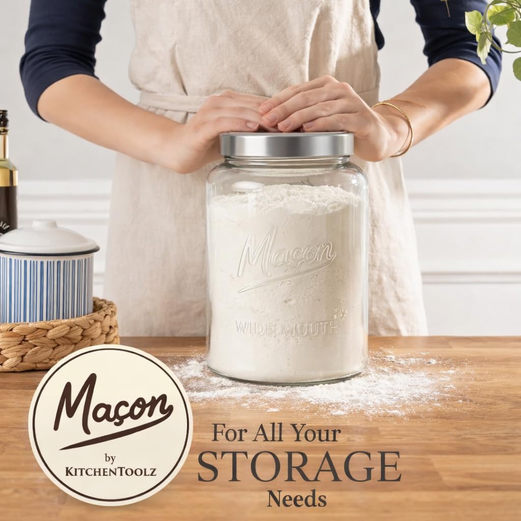 Kitchentoolz embossed glass jar adds sturdy, timeless style to countertops.