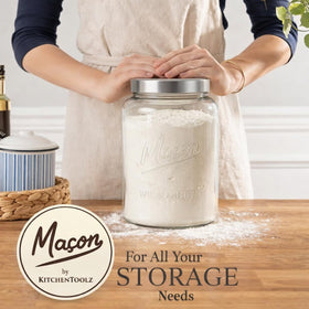 Kitchentoolz embossed glass jar adds sturdy, timeless style to countertops.