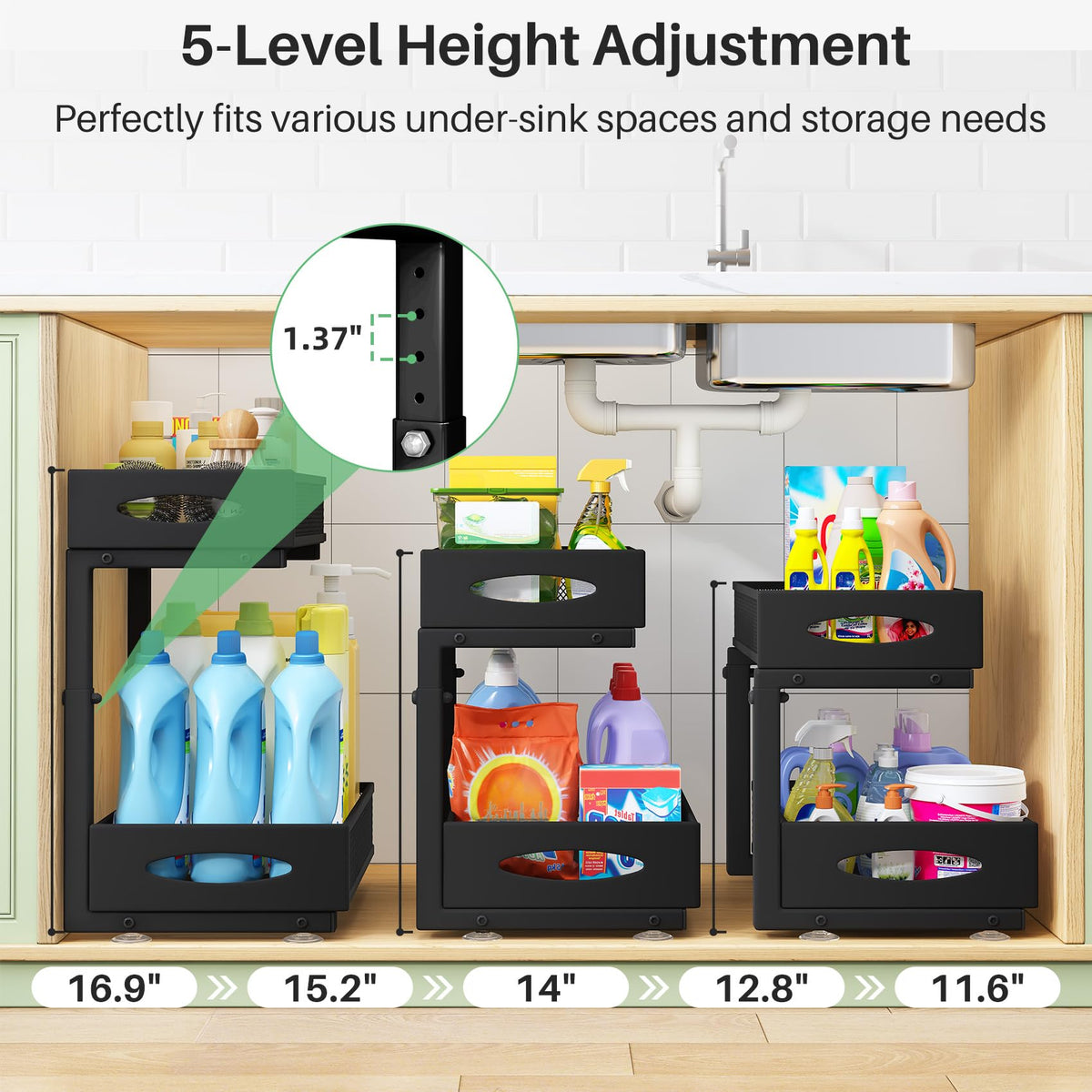 Kitstorack adjustable height design fits varying cabinet sizes and layouts