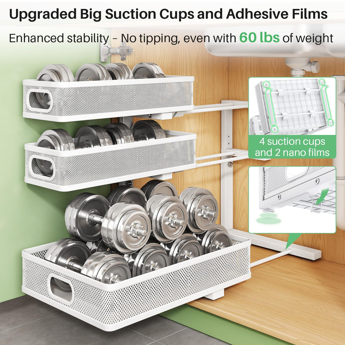 Kitstorack heavy-duty kitchen and bathroom organizer declutters cabinets.