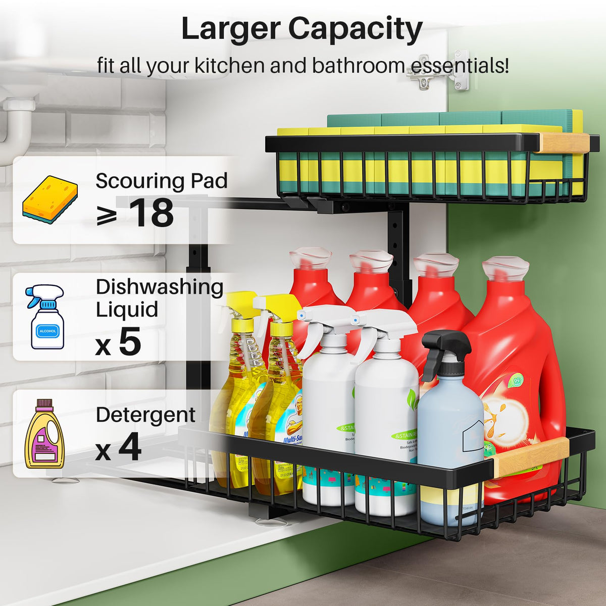 Kitstorack heavy-duty under-sink storage supports up to 50 lbs securely