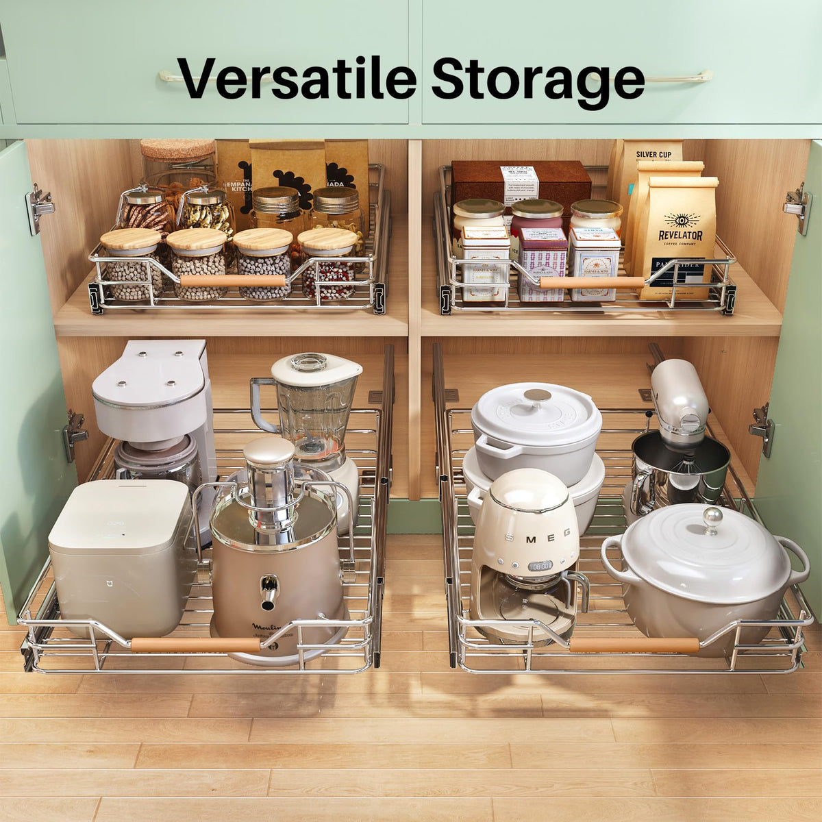 Kitstorack glide-out system provides quiet operation for easy item access.