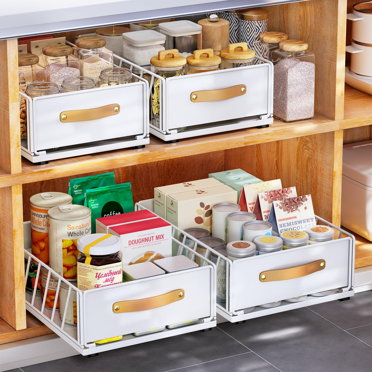 Kitstorack pull-out organizer front view in a frameless cabinet, showing easy access.