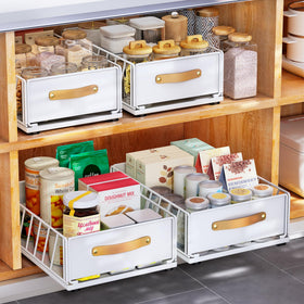 Kitstorack pull-out organizer front view in a frameless cabinet, showing easy access.