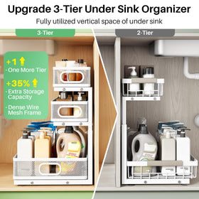 Kitstorack sliding 3-tier system provides easy access to back-stored items.